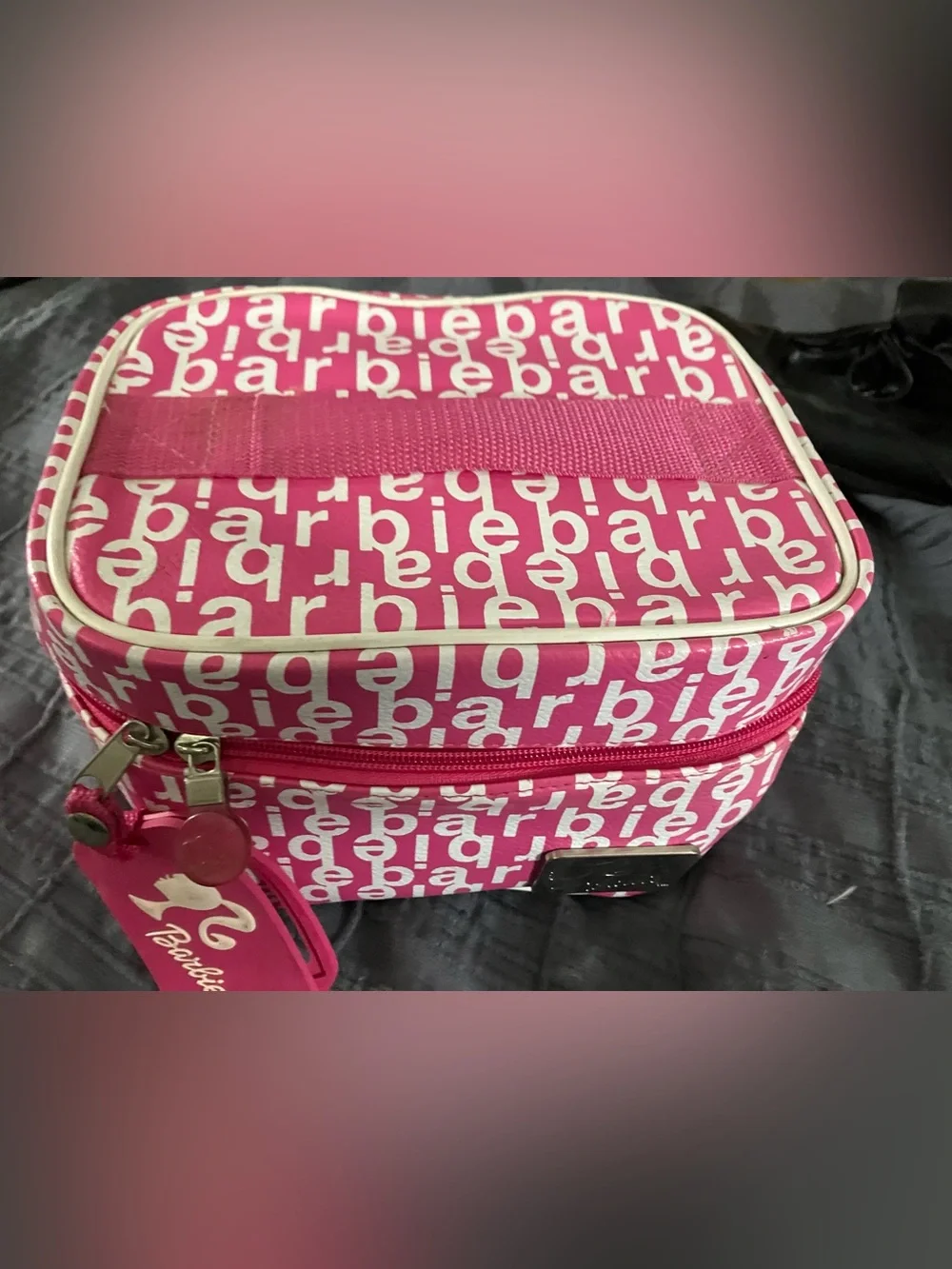 Vintage Barbie make-up bag 9”x7”x6” Pink/White barbie tags zips to close